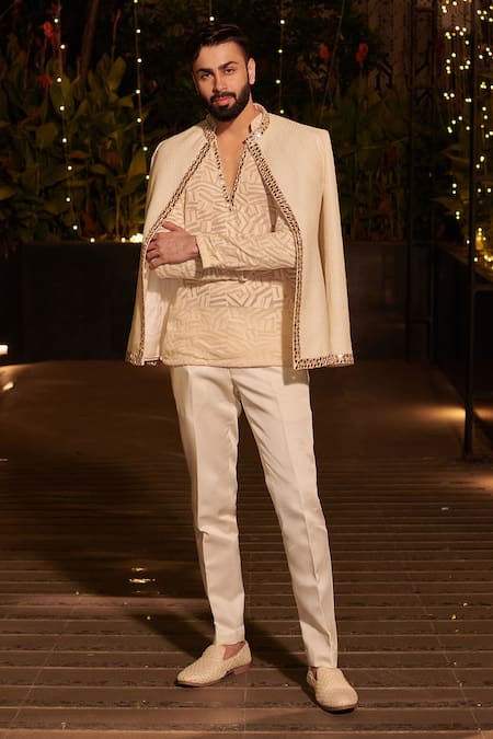 Jigar & Nikita_Ivory Chanderi, Georgette Sequins, Mirrors, Zari Embroidered Jacket Kurta Set _at_Aza_Fashions