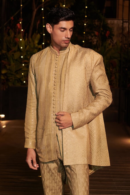 Buy_Jigar & Nikita_Gold Silk Sequins, Embroidery Thread Jacket Kurta Set _Online_at_Aza_Fashions