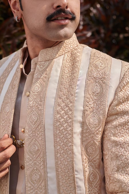 Jigar & Nikita_Beige Organza, Linen Sequins, Embroidery Floral Jacket Set _Online_at_Aza_Fashions
