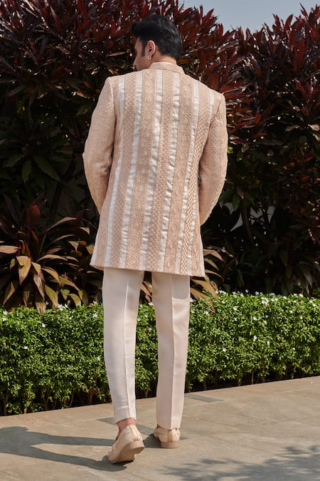 Jigar & Nikita Beige Floral Embroidered Jacket Set 