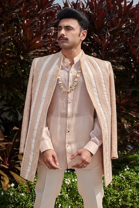 Buy_Jigar & Nikita_Beige Organza, Linen Sequins, Embroidery Floral Jacket Set _Online_at_Aza_Fashions