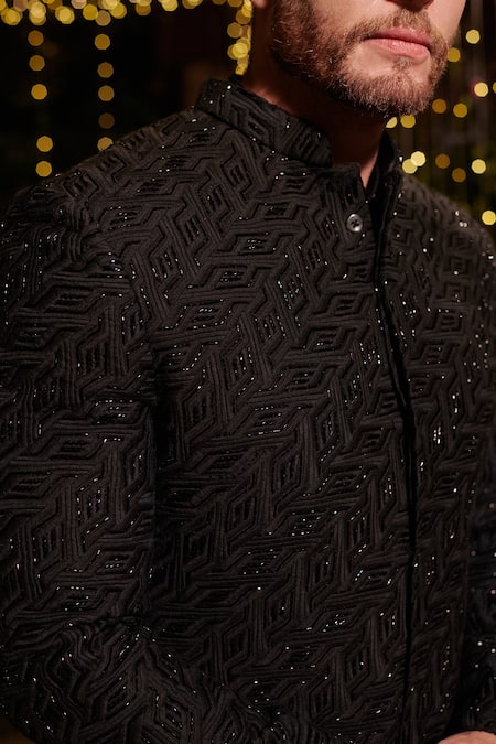 Jigar & Nikita_Black Georgette, Linen Cut Work, Embroidery Geometric Cutdana Sherwani Set _Online_at_Aza_Fashions