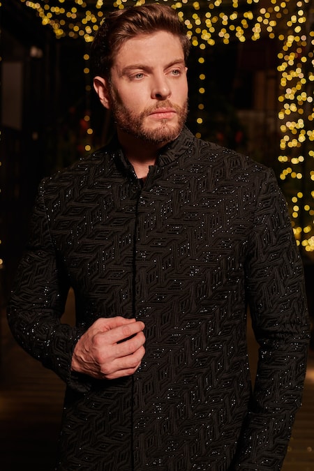 Buy_Jigar & Nikita_Black Georgette, Linen Cut Work, Embroidery Geometric Cutdana Sherwani Set _Online_at_Aza_Fashions