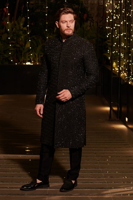 Shop_Jigar & Nikita_Black Georgette, Linen Cut Work, Embroidery Geometric Cutdana Sherwani Set _Online_at_Aza_Fashions