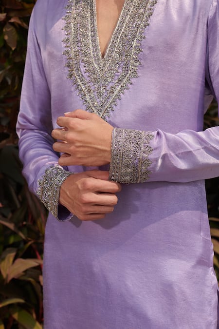 Buy_Jigar & Nikita_Purple Silk Cut Work, Sequins, Beads Zari Embroidered Kurta Set _Online_at_Aza_Fashions