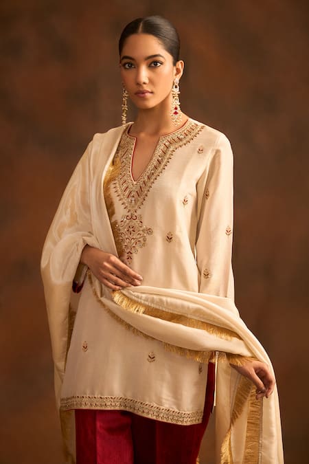Kaika_Gold Tissue, Velvet Embroidery, Mirrors Split V-neck Kurta Pant Set_Online_at_Aza_Fashions