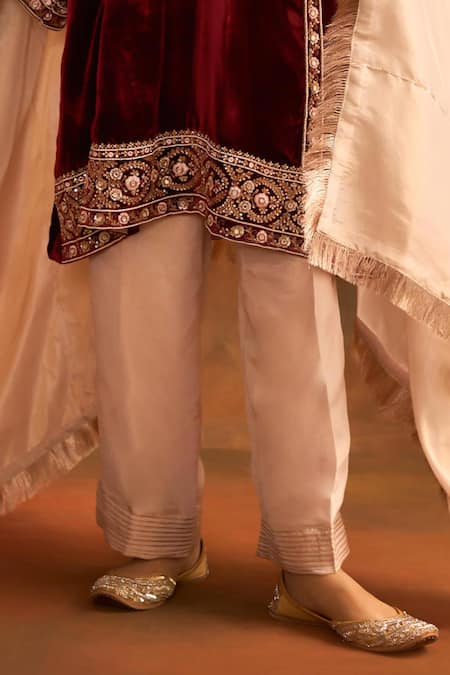 Kaika_Maroon Velvet, Tissue Pearls Split V-neck Zari Bloom Embroidered Choga Kurta Set_Online_at_Aza_Fashions