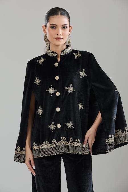 Samyukta Singhania_Black Velvet Embroidery Floral Jacket Cape Set _Online_at_Aza_Fashions