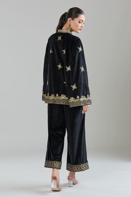 Shop_Samyukta Singhania_Black Velvet Embroidery Floral Jacket Cape Set _at_Aza_Fashions
