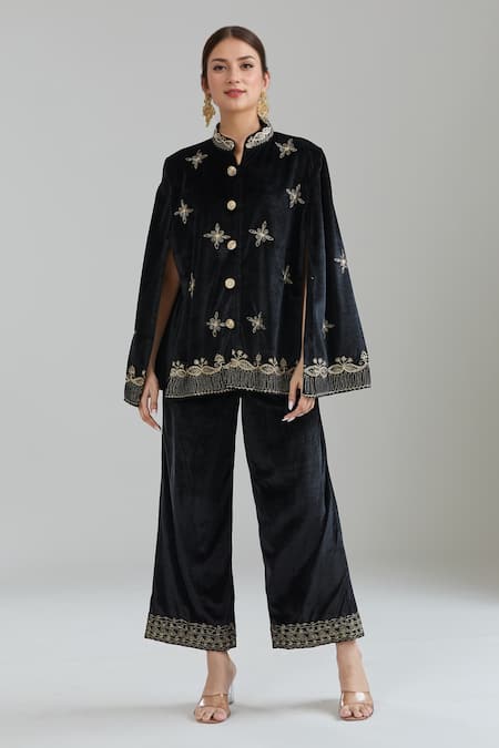 Buy_Samyukta Singhania_Black Velvet Embroidery Floral Jacket Cape Set _Online_at_Aza_Fashions