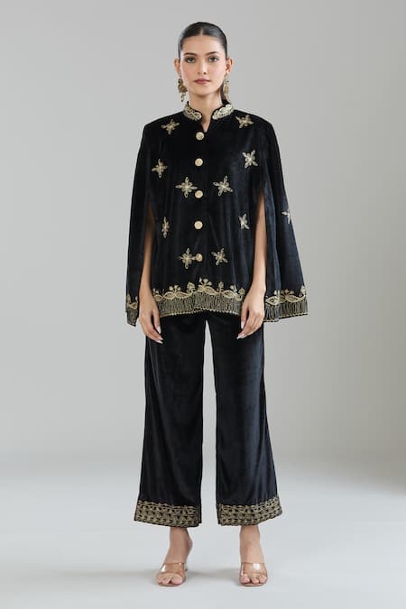 Shop_Samyukta Singhania_Black Velvet Embroidery Floral Jacket Cape Set _Online_at_Aza_Fashions