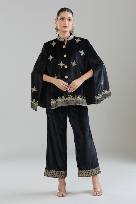 Buy_Samyukta Singhania_Black Velvet Embroidery Floral Jacket Cape Set _at_Aza_Fashions