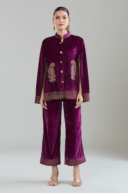 Samyukta Singhania_Purple Velvet Zari Paisley Jacket Cape And Pant Set _Online_at_Aza_Fashions
