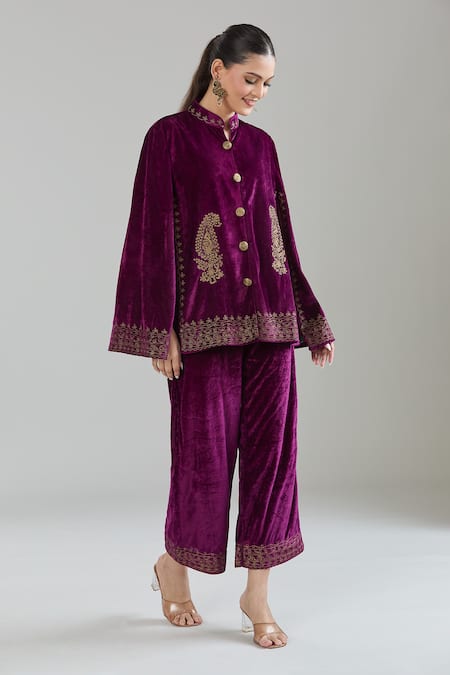 Shop_Samyukta Singhania_Purple Velvet Zari Paisley Jacket Cape And Pant Set _Online_at_Aza_Fashions