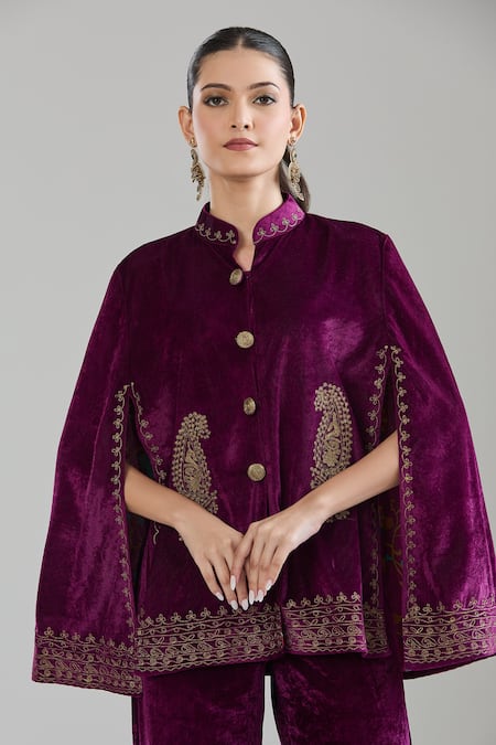 Samyukta Singhania_Purple Velvet Zari Paisley Jacket Cape And Pant Set _at_Aza_Fashions