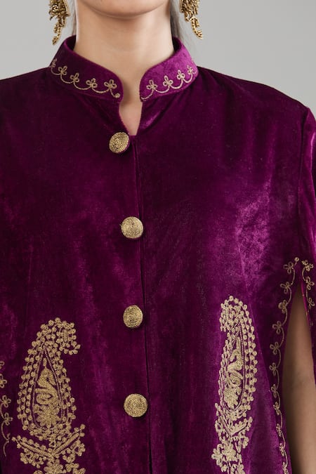 Buy_Samyukta Singhania_Purple Velvet Zari Paisley Jacket Cape And Pant Set 