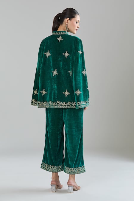 Shop Samyukta Singhania Green Velvet Zari Floral Embroidered Jacket Cape Set at Aza Fashions Shop_Samyukta Singhania_Green Velvet Zari Floral Embroidered Jacket Cape Set _at_Aza_Fashions