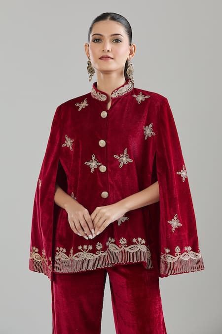 Buy_Samyukta Singhania_Maroon Velvet Embroidery, Zari Mandarin Collar Floral Jacket And Pant Set _Online_at_Aza_Fashions