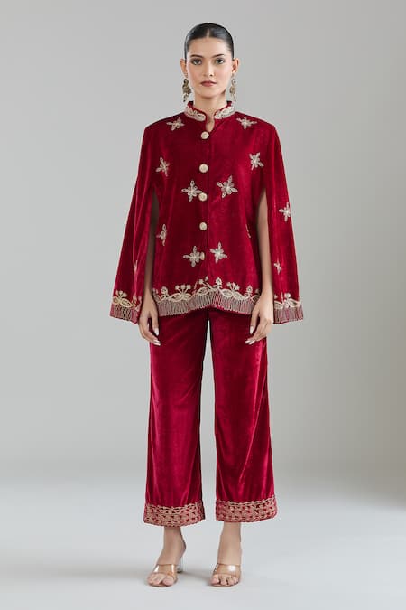 Shop_Samyukta Singhania_Maroon Velvet Embroidery, Zari Mandarin Collar Floral Jacket And Pant Set _Online_at_Aza_Fashions