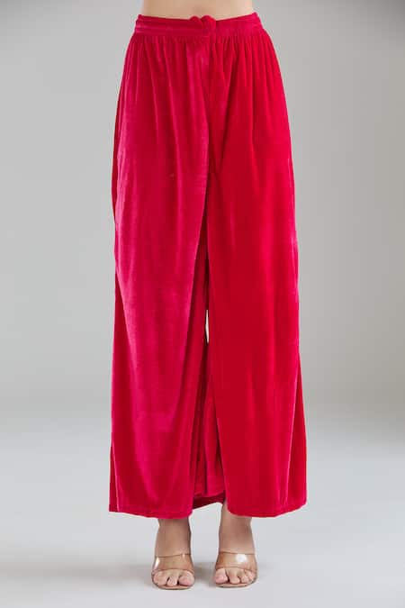 Shop_Naintara Bajaj_Pink Velvet, Chiffon Zari, Gota Patti, Embroidery V-neck Angarkha Kurta Set _Online_at_Aza_Fashions