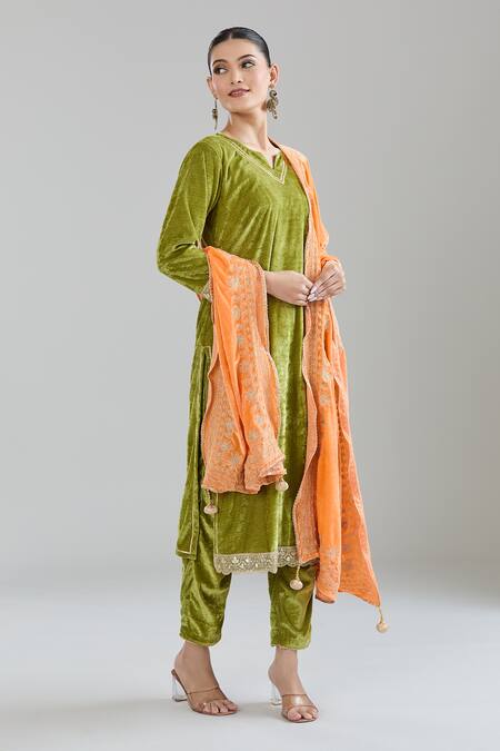 Shop_Samyukta Singhania_Orange Velvet Tassels Zari Embroidered Dupatta_Online_at_Aza_Fashions