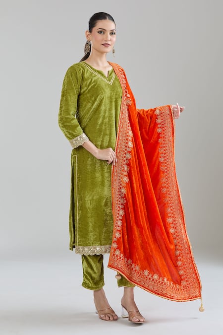 Samyukta Singhania Orange Velvet Tassels Zari Embroidered Dupatta Online at Aza Fashions Samyukta Singhania_Orange Velvet Tassels Zari Embroidered Dupatta_Online_at_Aza_Fashions