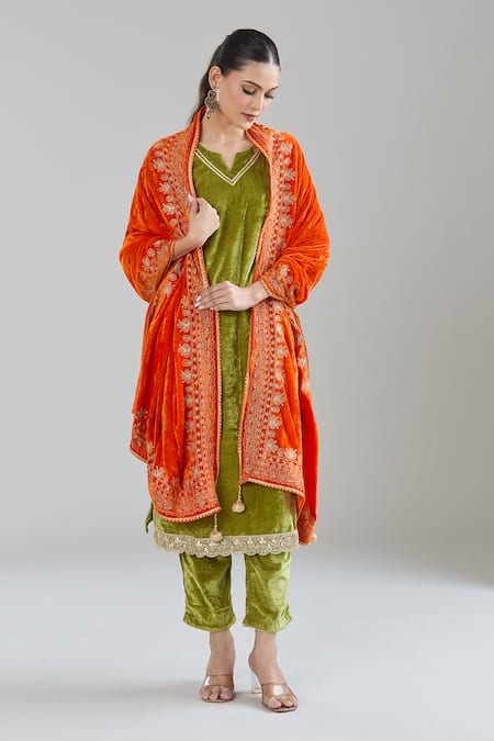 Shop Samyukta Singhania Orange Velvet Tassels Zari Embroidered Dupatta at Aza Fashions Shop_Samyukta Singhania_Orange Velvet Tassels Zari Embroidered Dupatta_at_Aza_Fashions