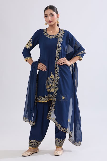 Shop_Samyukta Singhania_Blue Georgette Embroidery Round Neck Dori Kurta Salwar Set _Online_at_Aza_Fashions