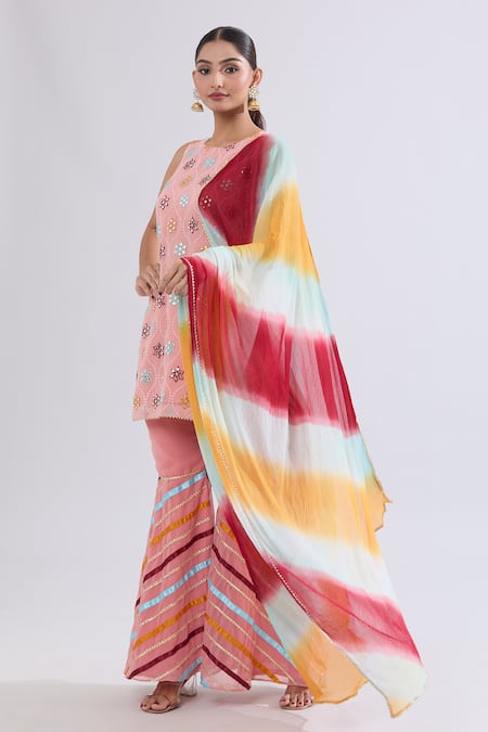 Samyukta Singhania Pink Georgette Mirrors, Embroidery Round Neck Mughal Floral Kurta Set at Aza Fashions Samyukta Singhania_Pink Georgette Mirrors, Embroidery Round Neck Mughal Floral Kurta Set _at_Aza_Fashions