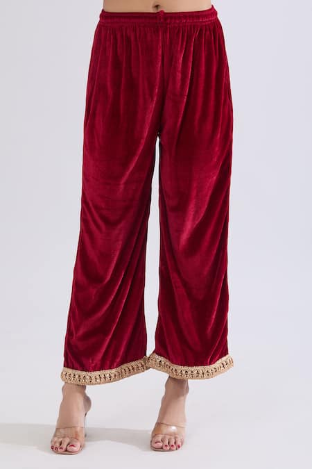 Shop Naintara Bajaj Maroon Velvet, Net Embroidery, Zari Collared Geometric Kurta Set Online at Aza Fashions Shop_Naintara Bajaj_Maroon Velvet, Net Embroidery, Zari Collared Geometric Kurta Set _Online_at_Aza_Fashions