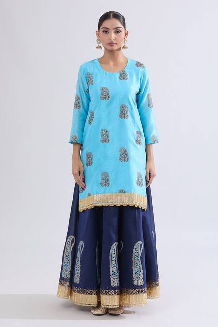 Samyukta Singhania Blue Silk Zari Round Neck Paisley Floral Kurta Skirt Set Online at Aza Fashions Samyukta Singhania_Blue Silk Zari Round Neck Paisley Floral Kurta Skirt Set_Online_at_Aza_Fashions
