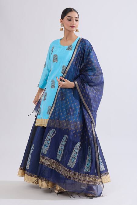 Buy Samyukta Singhania Blue Silk Zari Round Neck Paisley Floral Kurta Skirt Set Online at Aza Fashions Buy_Samyukta Singhania_Blue Silk Zari Round Neck Paisley Floral Kurta Skirt Set_Online_at_Aza_Fashions
