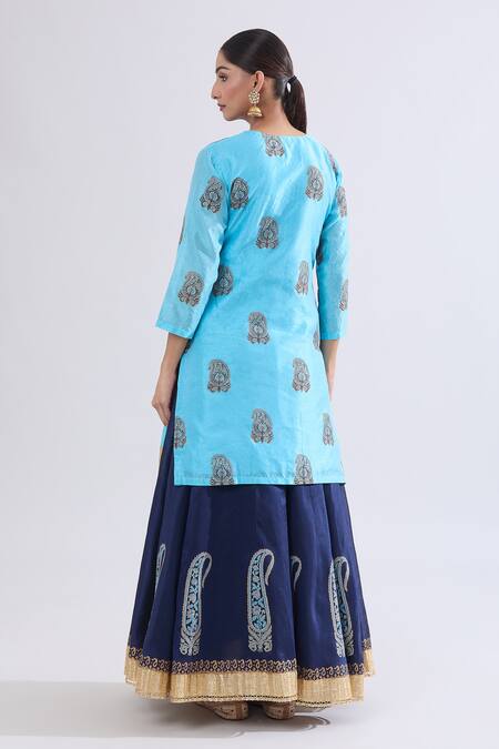 Shop Samyukta Singhania Blue Silk Zari Round Neck Paisley Floral Kurta Skirt Set at Aza Fashions Shop_Samyukta Singhania_Blue Silk Zari Round Neck Paisley Floral Kurta Skirt Set_at_Aza_Fashions