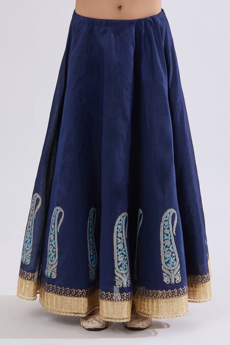 Shop Samyukta Singhania Blue Silk Zari Round Neck Paisley Floral Kurta Skirt Set Online at Aza Fashions Shop_Samyukta Singhania_Blue Silk Zari Round Neck Paisley Floral Kurta Skirt Set_Online_at_Aza_Fashions