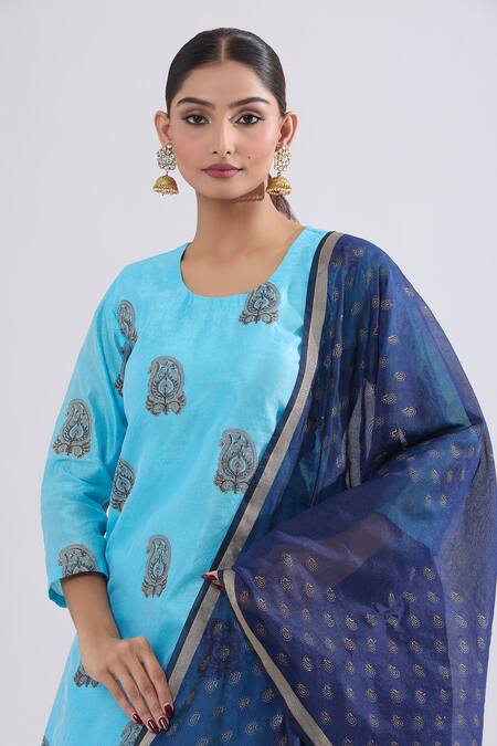 Samyukta Singhania Blue Silk Zari Round Neck Paisley Floral Kurta Skirt Set at Aza Fashions Samyukta Singhania_Blue Silk Zari Round Neck Paisley Floral Kurta Skirt Set_at_Aza_Fashions
