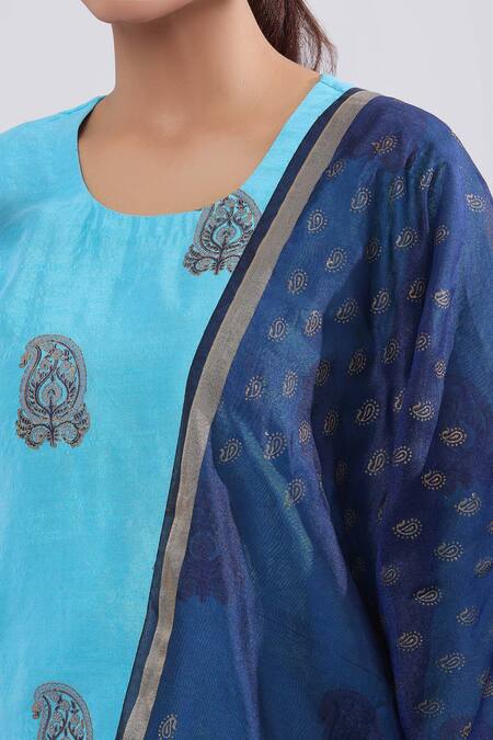 Buy Samyukta Singhania Blue Silk Zari Round Neck Paisley Floral Kurta Skirt Set Buy_Samyukta Singhania_Blue Silk Zari Round Neck Paisley Floral Kurta Skirt Set