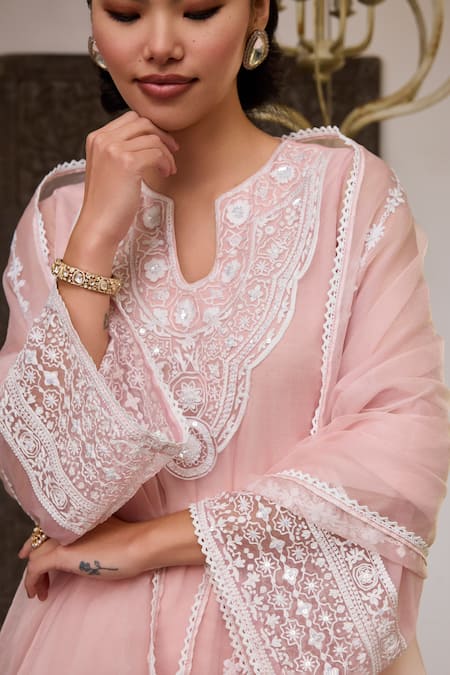 Meesa_Pink Organza, Cotton Embroidery, Sequins Split V-neck Floral Kurta Set _Online_at_Aza_Fashions