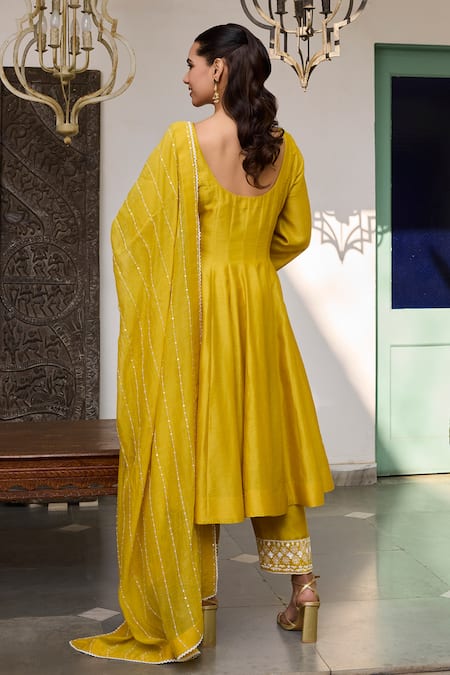 Shop Meesa Yellow Chanderi Silk Sequins, Embroidery Split V-neck Floral Anarkali Set at Aza Fashions Shop_Meesa_Yellow Chanderi Silk Sequins, Embroidery Split V-neck Floral Anarkali Set _at_Aza_Fashions