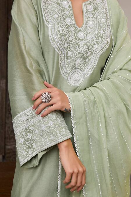 Meesa_Green Chanderi Silk Sequins Split V-neck Floral Embroidered Kurta Set _Online_at_Aza_Fashions