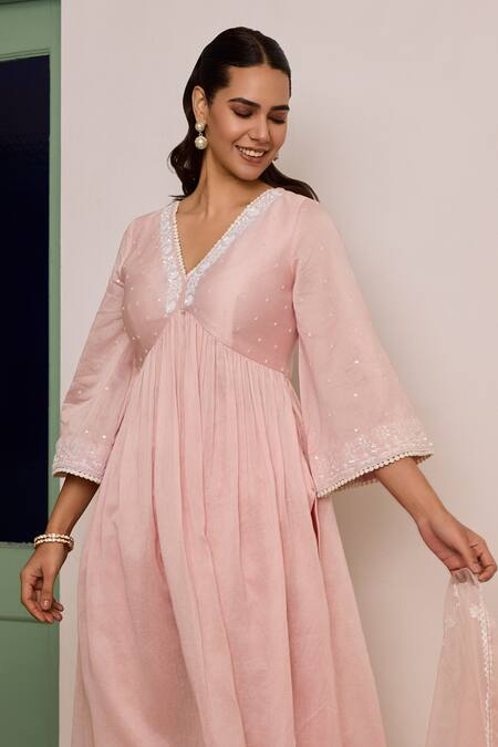 Meesa Pink Organza, Cotton Sequins, Embroidery V-neck Floral Anarkali Set Online at Aza Fashions Meesa_Pink Organza, Cotton Sequins, Embroidery V-neck Floral Anarkali Set _Online_at_Aza_Fashions