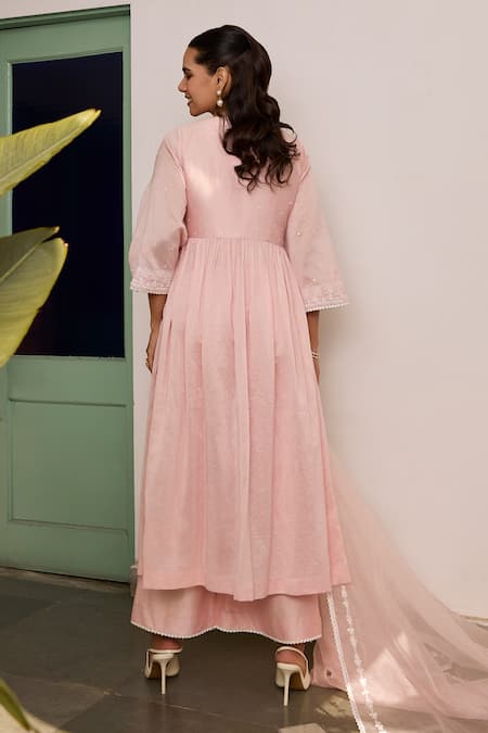 Shop Meesa Pink Organza, Cotton Sequins, Embroidery V-neck Floral Anarkali Set at Aza Fashions Shop_Meesa_Pink Organza, Cotton Sequins, Embroidery V-neck Floral Anarkali Set _at_Aza_Fashions