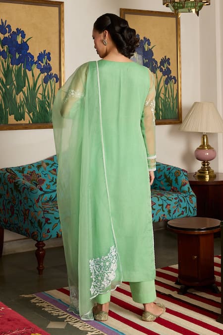Shop_Meesa_Green Organza, Cotton Embroidery, Sequins Round Neck Floral Kurta Set _at_Aza_Fashions