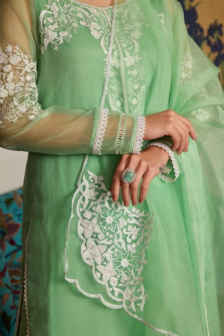 Meesa_Green Organza, Cotton Embroidery, Sequins Round Neck Floral Kurta Set _Online_at_Aza_Fashions