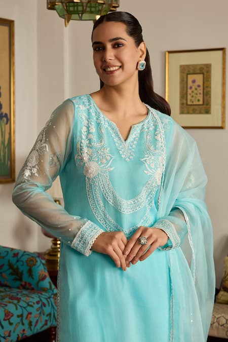 Meesa_Blue Organza, Cotton Sequins, Embroidery Split V-neck Floral Thread Kurta Set _Online_at_Aza_Fashions