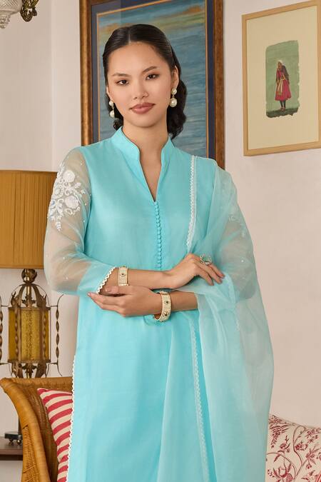 Meesa_Blue Organza, Cotton Sequins, Embroidery Bandeau Neck Floral Kurta Set _Online_at_Aza_Fashions