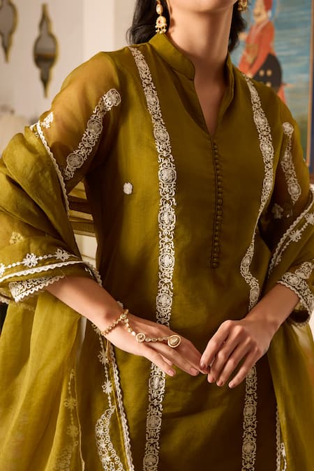 Meesa_Green Organza, Cotton Sequins, Embroidery Bandeau Neck Floral Kurta Set _Online_at_Aza_Fashions