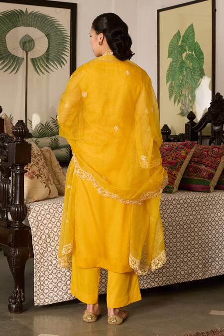 Shop_Meesa_Yellow Organza, Cotton Sequins, Embroidery Round Neck Floral Kurta Set _at_Aza_Fashions