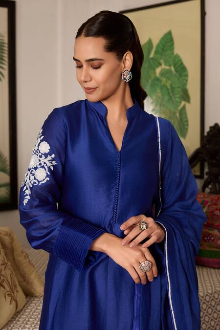 Meesa_Blue Chanderi Silk Sequins, Embroidery Bandeau Neck Floral Kurta Set _Online_at_Aza_Fashions