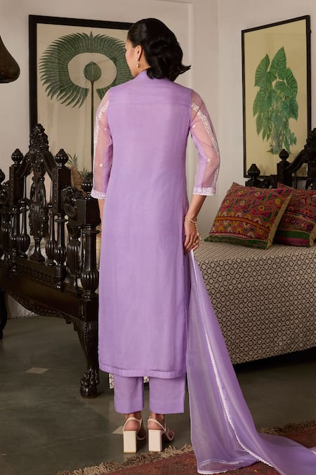 Shop_Meesa_Purple Organza, Cotton Sequins, Embroidery Mandarin Kurta Set With Dupatta _at_Aza_Fashions