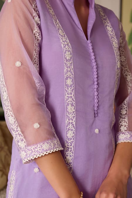 Meesa_Purple Organza, Cotton Sequins, Embroidery Mandarin Kurta Set With Dupatta _Online_at_Aza_Fashions